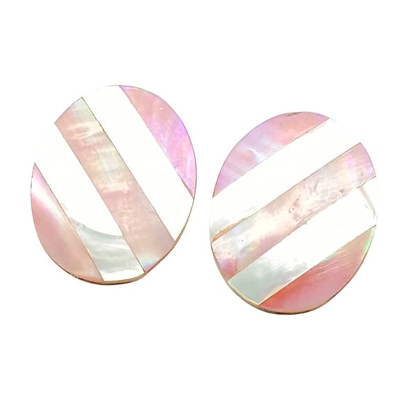 Vintage Oval Mother of Pearl & Pink Shell Striped Inlay Stud Earrings - Picture 2 of 4